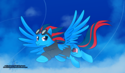 Size: 3634x2132 | Tagged: safe, artist:xwhitedreamsx, oc, oc only, oc:swiftwing, pegasus, pony, clothes, flying, goggles, high res, jacket, looking at you, sky, solo