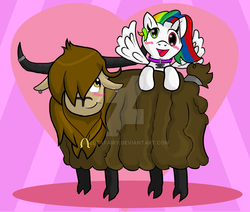 Size: 1023x866 | Tagged: safe, artist:deltafairy, oc, oc only, oc:twister, oc:vladimir, pegasus, pony, yak, cloven hooves, couple, female, male, shipping, watermark