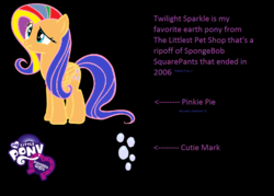 Size: 1149x821 | Tagged: safe, fluttershy, pinkie pie, twilight sparkle, g4, 2006, confused, cutie mark, implied applejack, implied derpy, implied rainbow dash, implied rarity, littlest pet shop, op is a duck, op is trying to start shit, op isn't even trying anymore, spongebob squarepants, troll quote, wrong cutie mark, wrong mane, wrong mane color, you're doing it wrong