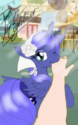 Size: 500x800 | Tagged: safe, artist:pen-mightier, princess luna, human, g4, :3, bedroom eyes, bonnet, crepuscular rays, cute, finger in mouth, floppy ears, flower, flower in hair, lidded eyes, looking at you, mouth hold, nom, one eye closed, raised hoof, s1 luna, signature, smiling, wink