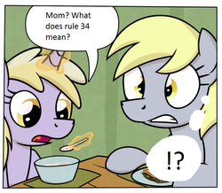 Size: 673x587 | Tagged: safe, artist:moemneop, derpy hooves, dinky hooves, pegasus, pony, unicorn, g4, breakfast, duo, exploitable meme, meme, rule 34, text, thought bubble