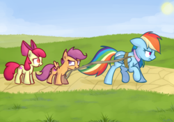 Size: 1000x700 | Tagged: safe, artist:xwreathofroses, apple bloom, rainbow dash, scootaloo, earth pony, pegasus, pony, g4, bondage, bound wings, collar, cutie mark, female, filly, humiliation, leash, mare, pet play, public, the cmc's cutie marks