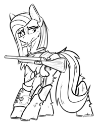 Size: 1820x2302 | Tagged: safe, artist:ralek, oc, oc only, oc:jade aurora, earth pony, pony, fallout equestria, armor, battle saddle, battle stance, big ears, checkered flag, fallout, female, frown, gun, leather armor, long hair, monochrome, patreon, patreon reward, pipboy, pipbuck, rifle, saddle, scar, scarred, solo, spread legs, spreading, weapon
