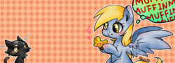 Size: 690x250 | Tagged: safe, artist:phyllismi, derpy hooves, cat, pegasus, pony, g4, eating, female, food, heart, mare, muffin, that pony sure does love muffins