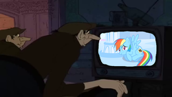 Size: 1280x720 | Tagged: safe, edit, edited screencap, screencap, rainbow dash, human, pony, g4, sonic rainboom (episode), 101 dalmatians, disney, horace badun, jasper badun, scared, television