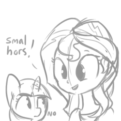 Size: 500x500 | Tagged: safe, artist:tjpones, sunset shimmer, twilight sparkle, equestria girls, g4, black and white, frown, grayscale, monochrome, open mouth, sketch, smiling, unamused