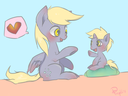 Size: 800x600 | Tagged: safe, artist:phyllismi, derpy hooves, dinky hooves, pegasus, pony, g4, female, heart, mare, pattycakes, pillow, simple background