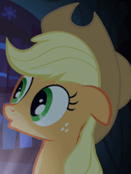 Size: 245x325 | Tagged: safe, screencap, applejack, twilight sparkle, g4, look before you sleep, animated, female, floppy ears, golden oaks library, solo focus