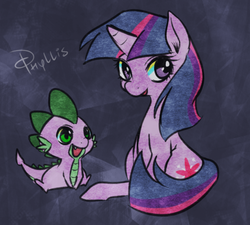 Size: 500x450 | Tagged: safe, artist:phyllismi, spike, twilight sparkle, g4, duo, looking at you, simple background, smiling