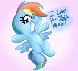 Size: 1024x935 | Tagged: safe, artist:lbrcloud, rainbow dash, pony, g4, chibi, cute, dialogue, female, flying, grin, looking at you, open arms, smiling, solo