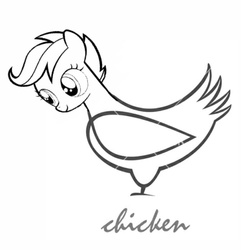 Size: 672x696 | Tagged: safe, scootaloo, chicken, pegasus, pony, g4, bad joke, black and white, coloring page, female, filly, grayscale, joke, lineart, monochrome, scootachicken, signature, simple background, smiling, white background