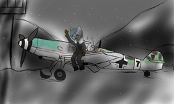 Size: 2000x1200 | Tagged: safe, artist:eclipsepenumbra, oc, oc only, oc:eclipse penumbra, bat pony, anthro, unguligrade anthro, airfield, bf 109, bf109, female, fighter, happy, luftwaffe, plane, snow, snowfall, waving