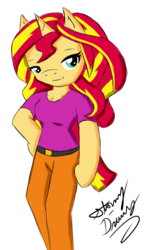 Size: 4465x7772 | Tagged: safe, artist:stormy-draws, derpibooru exclusive, sunset shimmer, unicorn, anthro, g4, absurd resolution, female, signature, simple background, solo, transparent background