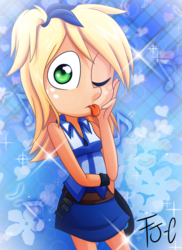 Size: 800x1100 | Tagged: safe, artist:fj-c, applejack, equestria girls, g4, adorkable, anime, cleavage, clothes, costume, cute, dork, fairy tail, female, lucy heartfilia, solo