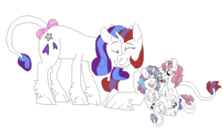 Size: 1247x721 | Tagged: safe, artist:honeytediz, baby glory, baby moondancer, glory, moondancer (g1), classical unicorn, g1, blushing, bow, cloven hooves, family, female, horn, leonine tail, lesbian, magical lesbian spawn, nuzzling, offspring, parent:glory, parent:moondancer, parents:glorydancer, ship:glorydancer, shipping, simple background, tail bow, transparent background, unshorn fetlocks
