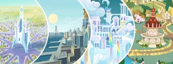 Size: 1702x630 | Tagged: safe, g4, official, the cart before the ponies, bridge, cloudsdale, crystal castle, crystal empire, crystaller building, facebook, manehattan, pier, ponyville, ponyville town hall