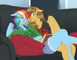 Size: 1280x996 | Tagged: safe, artist:the-chibster, rainbow dash, oc, oc:swift sketch, anthro, plantigrade anthro, g4, book, canon x oc, couch, shipping