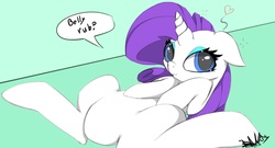 Size: 1271x686 | Tagged: safe, artist:apinklife, rarity, g4, bellyrubs, bronybait, cute, female, raribetes, solo