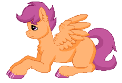 Size: 299x202 | Tagged: safe, artist:graffiti, scootaloo, g4, female, pixel art, prone, sad, simple background, solo, transparent background