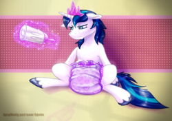 Size: 1920x1353 | Tagged: safe, artist:biotic, shining armor, g4, adult foal, bottle, crossdressing, diaper, male, non-baby in diaper, poofy diaper, sissy, solo, tiara