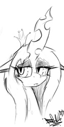 Size: 686x1366 | Tagged: safe, artist:apinklife, queen chrysalis, changeling, changeling queen, g4, big horn, bust, crown, fangs, female, floppy ears, grayscale, horn, jewelry, monochrome, regalia, sad, solo