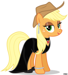 Size: 3600x3987 | Tagged: safe, artist:a4r91n, edit, applejack, earth pony, pony, g4, alternate hairstyle, applejack's hat, bedroom eyes, bracelet, choker, clothes, cowboy hat, dress, earring, eyeshadow, fancy, female, freckles, hat, high res, hoof shoes, lipstick, looking at you, loose hair, makeup, mare, piercing, shoes, simple background, solo, stetson, transparent background, vector