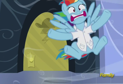 Size: 1010x689 | Tagged: safe, screencap, rainbow dash, pegasus, pony, g4, tanks for the memories, cropped, discovery family logo, faic, female, mare, weather factory, weather factory uniform