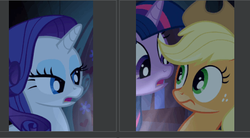 Size: 478x264 | Tagged: safe, edit, edited screencap, screencap, applejack, rarity, twilight sparkle, g4, look before you sleep, golden oaks library, screenshots