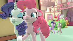 Size: 1280x720 | Tagged: safe, artist:hellhounds04, apple bloom, pinkie pie, rarity, scootaloo, spike, sweetie belle, twilight sparkle, alicorn, pony, g4, 3d, cutie mark crusaders, female, lesbian, mare, ship:raripie, shipping, shipping denied, twilight sparkle (alicorn)