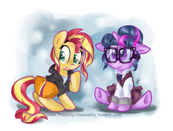 Size: 906x687 | Tagged: dead source, safe, artist:vago-xd, sci-twi, sunset shimmer, twilight sparkle, pony, unicorn, equestria girls, g4, clothes, colored pupils, duo, equestria girls outfit, equestria girls ponified, floppy ears, glasses, ponified, ponified humanized pony, simple background, sitting, underhoof, unicorn sci-twi, white background