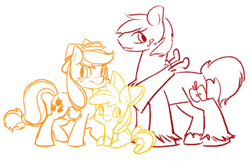 Size: 1024x659 | Tagged: safe, artist:yoonny92, apple bloom, applejack, big macintosh, earth pony, pony, g4, apple family, limited palette, male, simple background, sketch, stallion, trio, white background