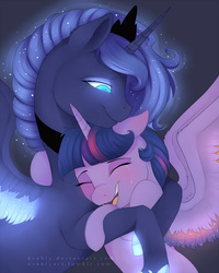 Size: 800x1000 | Tagged: safe, artist:evehly, princess luna, twilight sparkle, alicorn, pony, g4, commission, crying, eyes closed, female, hug, mare, open mouth, spread wings, tears of joy, twilight sparkle (alicorn)