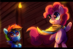 Size: 1280x866 | Tagged: safe, artist:astrofiziks, artist:cherivinca, pinkie pie, rainbow dash, g4, bandaid, torch