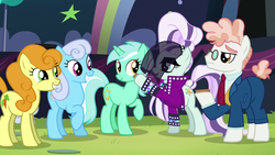 Size: 1280x720 | Tagged: safe, screencap, carrot top, coloratura, golden harvest, linky, lyra heartstrings, shoeshine, svengallop, earth pony, pony, unicorn, g4, the mane attraction, clothes, countess coloratura, female, glasses, hoofsies, male, mare, stallion