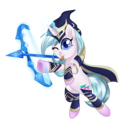 Size: 1400x1400 | Tagged: safe, artist:sugguk, oc, oc only, oc:northern lights, arrow, ashe, bow (weapon), bow and arrow, colored pupils, league of legends, magic, simple background, solo, tongue out, transparent background