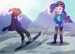 Size: 2675x1940 | Tagged: safe, artist:sumin6301, rarity, twilight sparkle, equestria girls, g4, mountain, snow, snowboard, this will end in tears