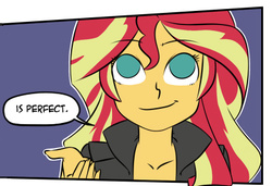 Size: 400x274 | Tagged: safe, artist:yokappa69, sunset shimmer, equestria girls, g4, clothes, collarbone, comic, female, leather jacket, reaction image, smiling, solo