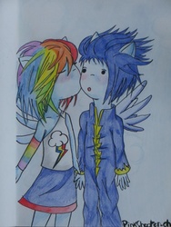 Size: 3000x4000 | Tagged: safe, artist:pinkshooter-chan, rainbow dash, soarin', human, g4, female, humanized, kissing, male, ship:soarindash, shipping, straight, winged humanization, younger