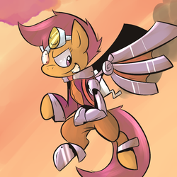 Size: 1000x1000 | Tagged: safe, artist:spanish-scoot, scootaloo, cyborg, g4, amputee, artificial wings, augmented, eyepatch, female, mechanical wing, prosthetic limb, scootaloo can fly, solo, steampunk, wings
