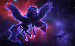 Size: 1570x974 | Tagged: safe, artist:zetapold, princess luna, g4, female, flying, solo, space