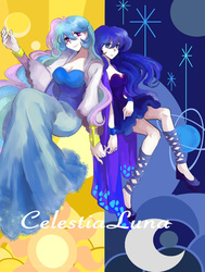 Size: 1000x1321 | Tagged: safe, artist:matthewlee, princess celestia, princess luna, human, g4, clothes, dress, humanized