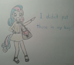 Size: 2048x1822 | Tagged: artist needed, safe, bon bon, sweetie drops, human, g4, bon bon is not amused, humanized, i didn't put those in my bag, tailed humanization, traditional art