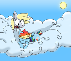 Size: 2000x1700 | Tagged: safe, artist:spidsish, derpy hooves, rainbow dash, pegasus, pony, g4, cloud, female, haircut, leave it to beaver did it, mare, mouth hold, prone, scissors, sleeping, this will end in tears