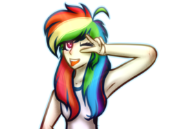 Size: 1024x768 | Tagged: safe, artist:suenden-hund, rainbow dash, human, g4, armpits, clothes, female, humanized, solo, tank top, tongue out, wink
