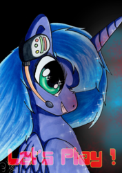 Size: 1600x2263 | Tagged: safe, artist:panhaukatze, princess luna, gamer luna, g4, female, grin, headphones, s1 luna, solo, traditional art