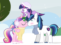 Size: 1000x735 | Tagged: safe, artist:dm29, princess cadance, shining armor, twilight sparkle, alicorn, pony, unicorn, g4, blushing, clothes, cold, colt, colt shining armor, cute, cutedance, earmuffs, eyes closed, female, filly, filly cadance, filly twilight sparkle, julian yeo is trying to murder us, kiss on the lips, kissing, male, mistletoe, scarf, shining adorable, ship:shiningcadance, shipping, snow, straight, trio, twiabetes, wide eyes, younger