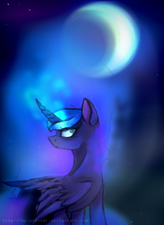 Size: 1408x1920 | Tagged: safe, artist:mp-printer, princess luna, g4, female, looking back, moon, solo