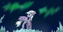 Size: 2000x1011 | Tagged: safe, artist:lycania29, cloudchaser, g4, aurora borealis, female, ice, raised hoof, solo, spread wings