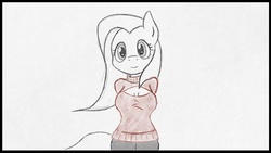 Size: 1280x720 | Tagged: safe, artist:rad-man, fluttershy, anthro, g4, boob window, clothes, female, keyhole turtleneck, looking at you, open-chest sweater, pencil drawing, solo, sweater, sweatershy, traditional art, turtleneck