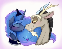 Size: 4800x3750 | Tagged: safe, artist:elementalokami, discord, princess luna, g4, eyes closed, female, heart, male, ship:lunacord, shipping, straight